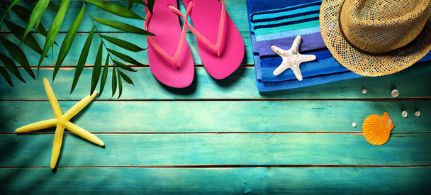 Beach accessories on wooden - summer background - Photo, Image