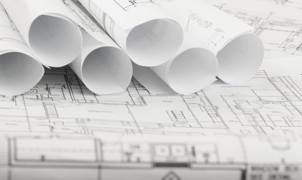 rolls of architecture blueprints and house plans - Photo, Image