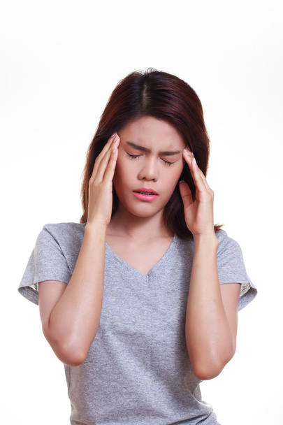 Vrouw hoofdpijn op witte achtergrond - Foto, afbeelding