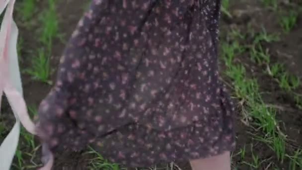 όμορφη κοπέλα με κορδέλα σε σκούρο φόρεμα με floral τυπωμένη ύλη που διασχίζουν το πράσινο φόντο και άνεμος φυσά τη φωτογραφική της μηχανή μαλλιά ακολουθήστε από παπούτσια με στενή πίσω shot μαλλιά - Πλάνα, βίντεο