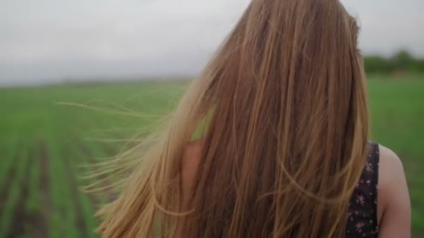 Floral nyomtatási sötét ruha gyönyörű egészséges nő áll, és aztán futás zöld mezőn tekint vissza, és a szél fúj haját közelről - Felvétel, videó