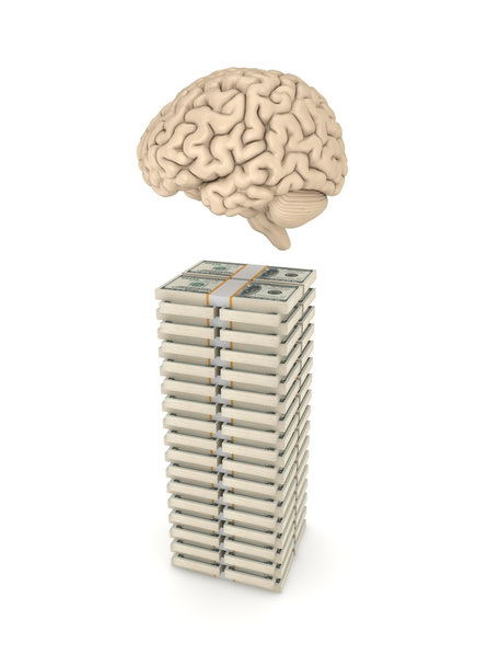 menselijke hersenen en grote stapel van dollar. - Foto, afbeelding