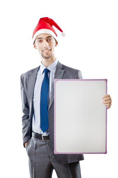 Geschäftsmann mit Weihnachtsmütze und leerer Botschaft - Foto, Bild