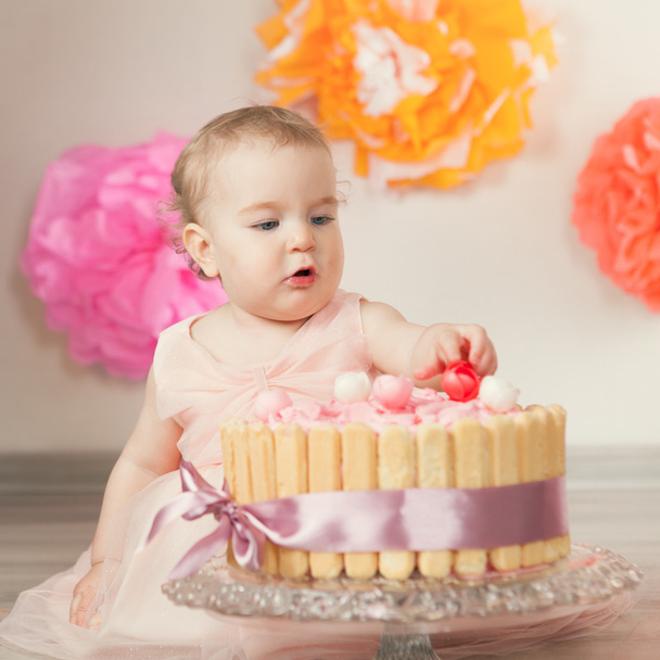  cute baby girl celebrates birthday one year. - Photo, Image