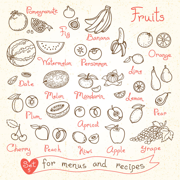 Conjunto de desenhos de frutas para menus de design, receitas e produtos de embalagens
. - Vetor, Imagem
