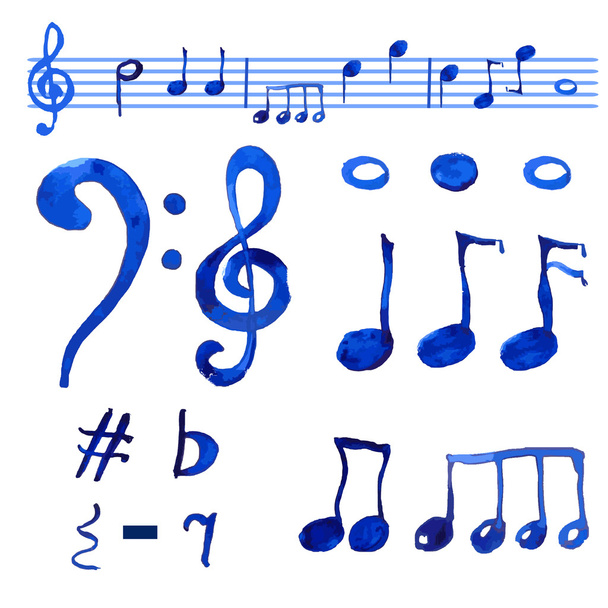 Watercolor blue  musical notes set. - Διάνυσμα, εικόνα