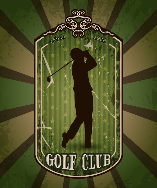 Vintage plakát ember golfozni. Retro kézzel rajzolt vektoros illusztráció "golf club" Vázlat stílusú, grunge, háttér - Vektor, kép
