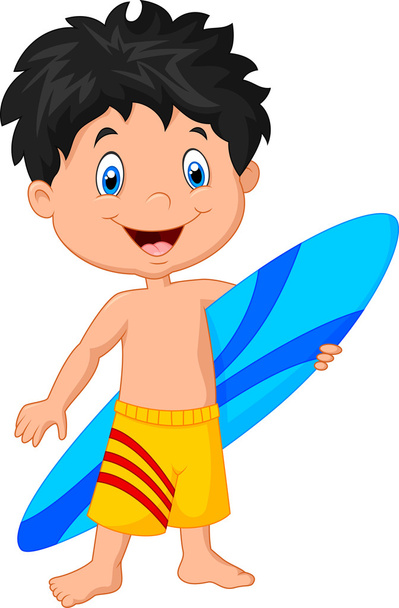 Cartone animato bambino tenendo tavola da surf
 - Vettoriali, immagini