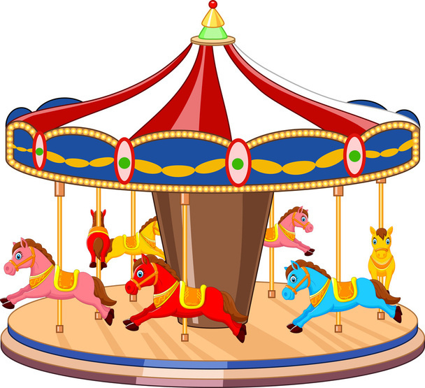 Carrusel de dibujos animados con caballos de colores
 - Vector, Imagen