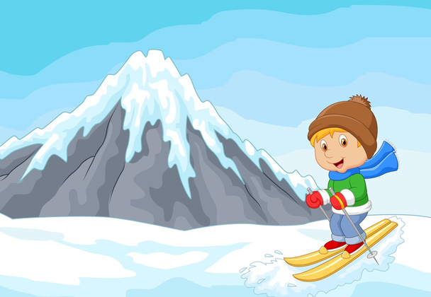 Cartoon alpine skier races extreme hill with iceberg - Vector, Image