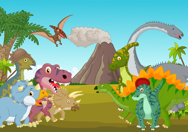 Dessin animé groupe de dinosaures avec montagne
 - Vecteur, image