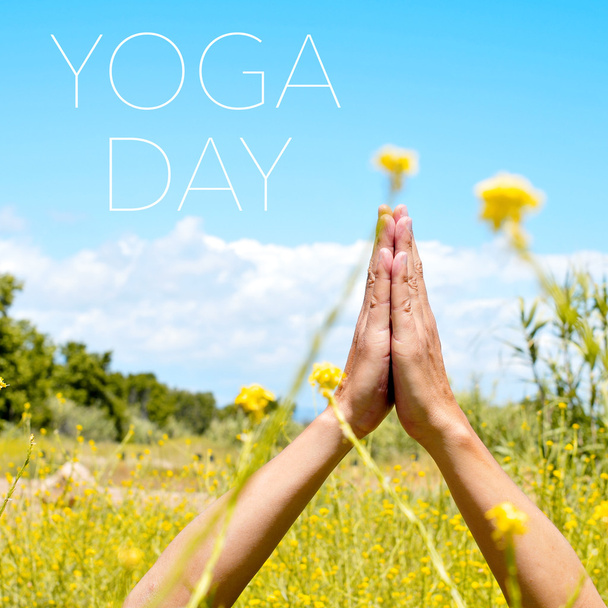 text yoga day and yogi man meditating outdoors - Photo, Image
