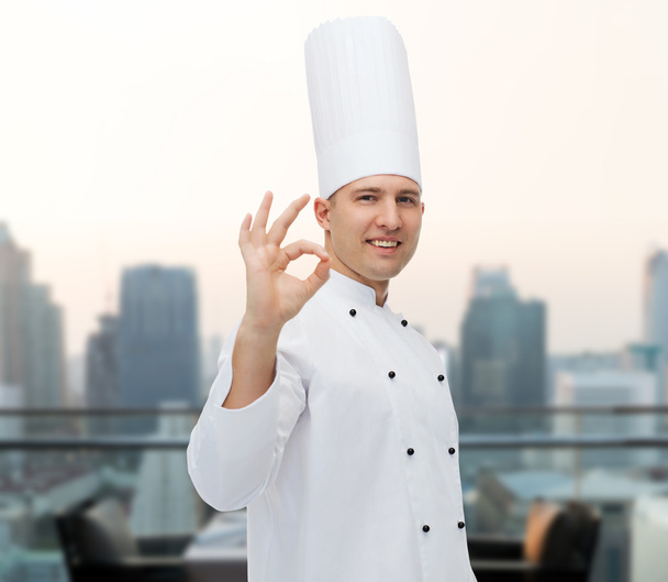 happy male chef cook showing ok sign - Zdjęcie, obraz