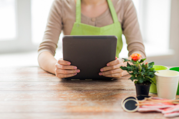 close up of woman or gardener holding tablet pc - Photo, Image