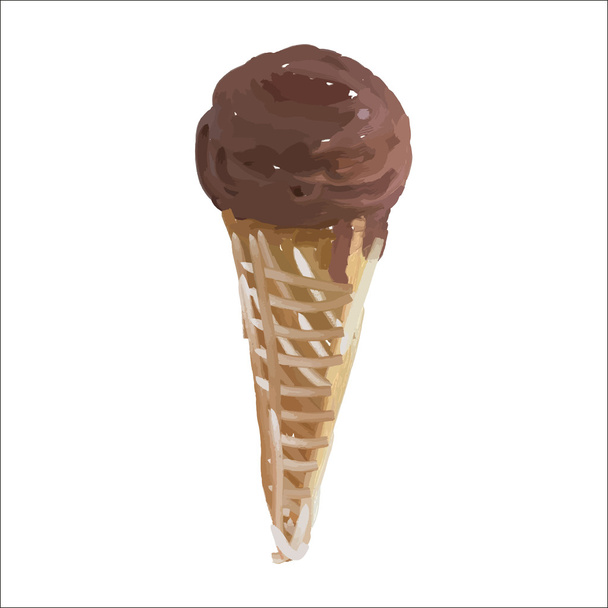 Vector illustrations hand drawing oil. Chocolate ice cream in a waffle cup - Vector, Image