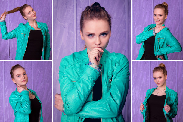 Conjunto de retratos de una joven con chaqueta azul
 - Foto, imagen