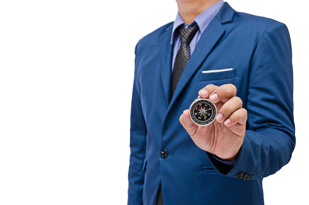 business man holding compass in hand isolated on white background - Foto, Bild