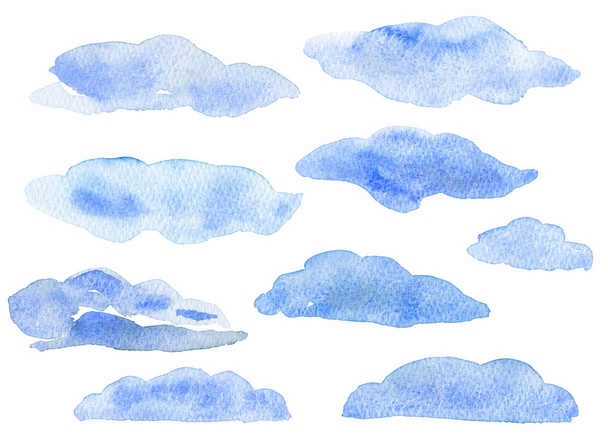 Σύνολο ακουαρέλα μπλε σύννεφα. Χειροποίητο εικονογράφηση. - Φωτογραφία, εικόνα