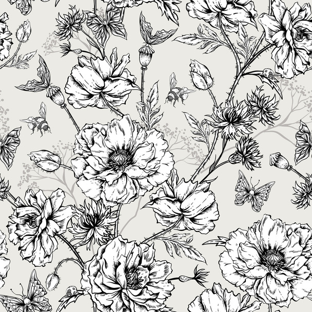 咲くポピーと夏白黒ヴィンテージ花柄シームレス パターン - ベクター画像