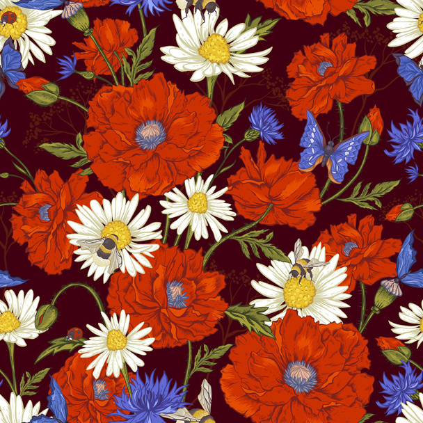 nyári vintage zökkenőmentes virágmintás, virágzó piros Pipacsok - Vektor, kép