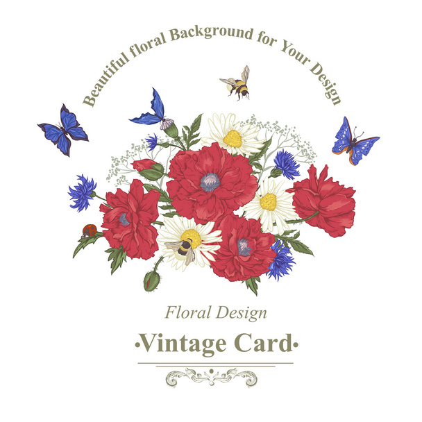 καλοκαίρι vintage ευχετήρια κάρτα, με την ανθοφορία κόκκινες παπαρούνες  - Διάνυσμα, εικόνα