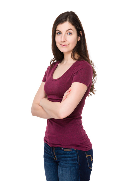 Caucasian brunette woman in red t-shirt - Photo, Image