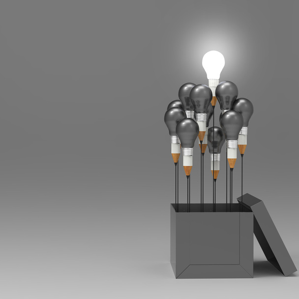 図面のアイデア鉛筆と cr としてボックスの外側の電球の概念 - 写真・画像
