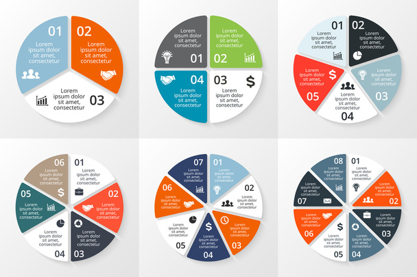 Vector circle infographics set. Template for cycle diagram, graph, presentation and round chart. Business concept with 3, 4, 5, 6, 7, 8 options, parts, steps or processes. Data visualization.  - Vector, Image