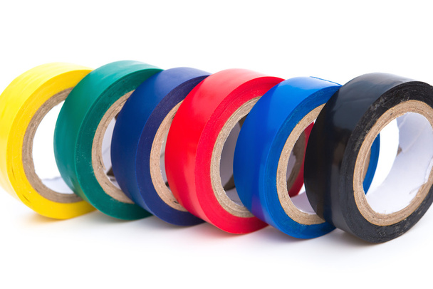 Different color electrical tapes on white background - Photo, Image