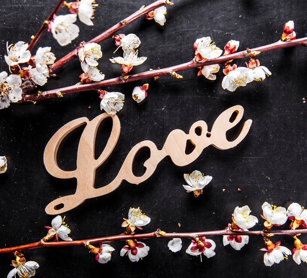 bloom on a black background and a wooden sign with the word love - Фото, изображение