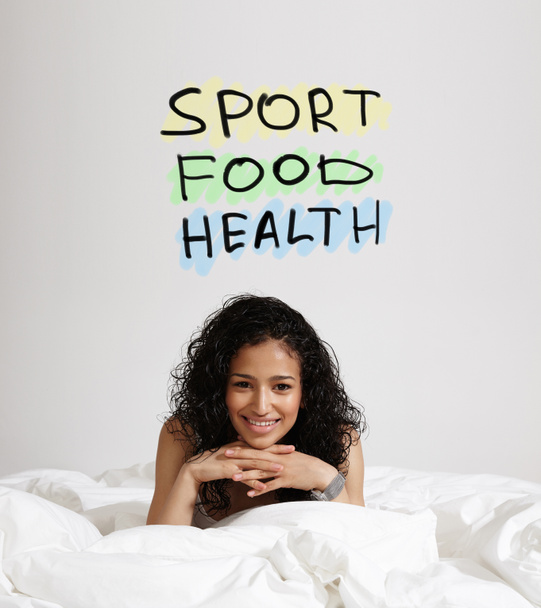 Mujer con texto Deporte Alimentación Salud
 - Foto, Imagen