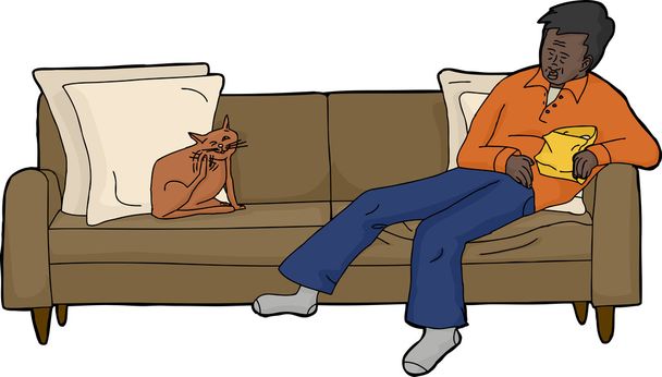 Изолированный диван с уставшим человеком и котом
 - Вектор,изображение