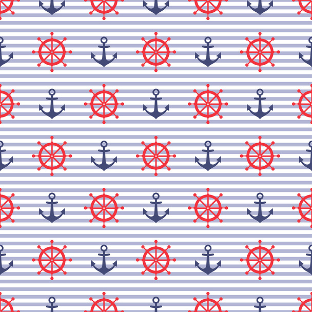 Navy vector seamless pattern: anchor and steering wheel - Vektör, Görsel