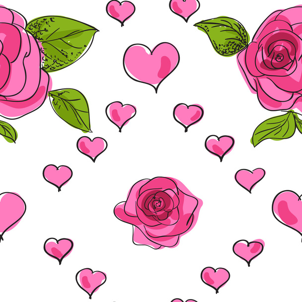 Seamless pattern with pink roses and leafs - Vector, imagen