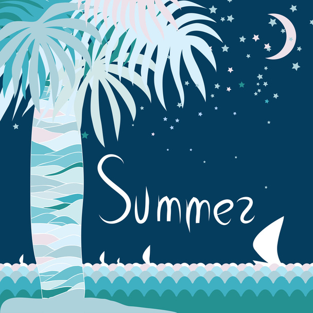 Night summer cover with palm leafs and ocean - Vektör, Görsel