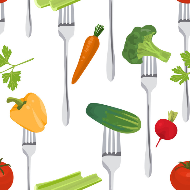 Fondo colorido sin costuras hecho de verduras en los tenedores
 - Vector, Imagen