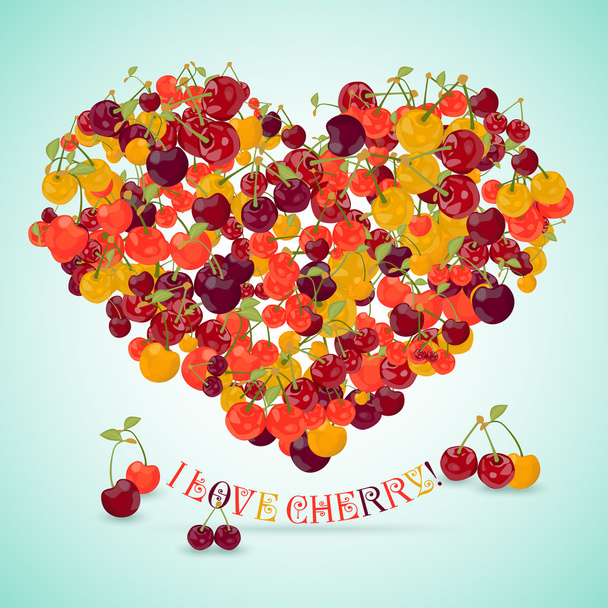 Heart made of different cherry with the text below - Vector, Image