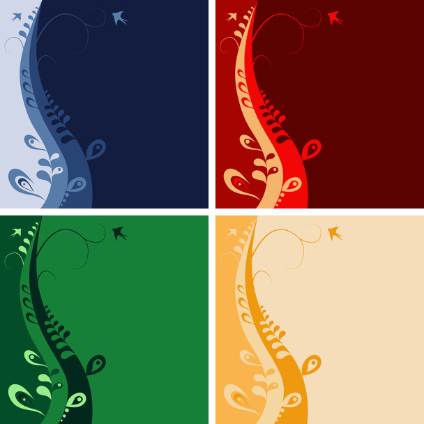 Four colorful cards with leafs and birds - Vector, Image