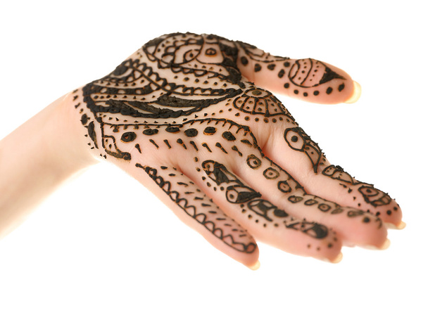 Henna on female hand isolated on white - Photo, Image