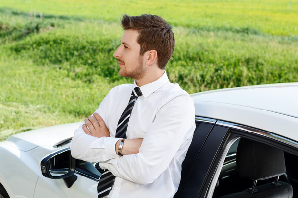 Businessman with crossed hands near car - Zdjęcie, obraz