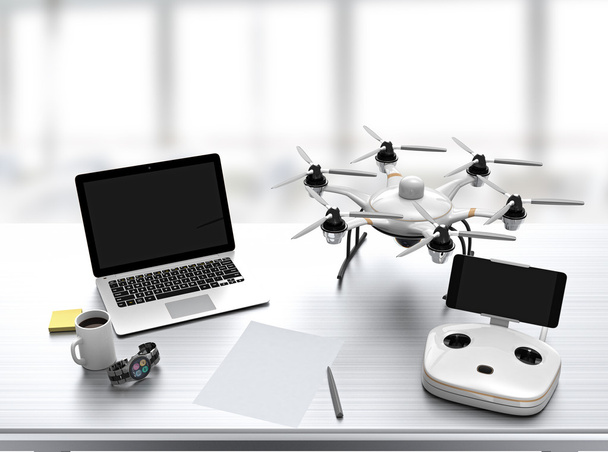 Hexacopter, controlador remoto, laptop em uma mesa
 - Foto, Imagem
