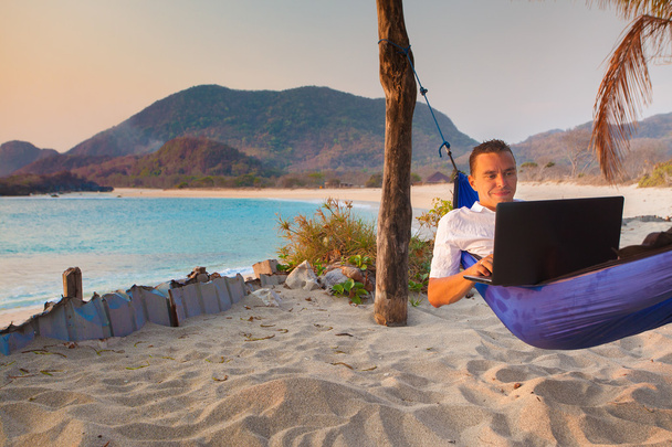 man uses laptop remotely - Фото, изображение