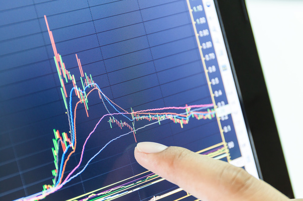επιχειρηματίας και χρηματιστηριακή αγορά γράφημα και γράφημα ράβδων τιμή οθόνη, B - Φωτογραφία, εικόνα