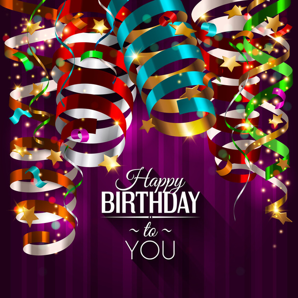 Birthday card with colorful curling ribbons, streamers. - Vector, Image