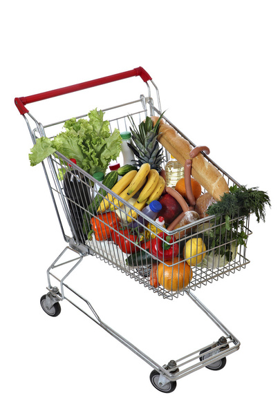 Filled foodstuffs shopping cart isolated on white background, no body - Foto, afbeelding