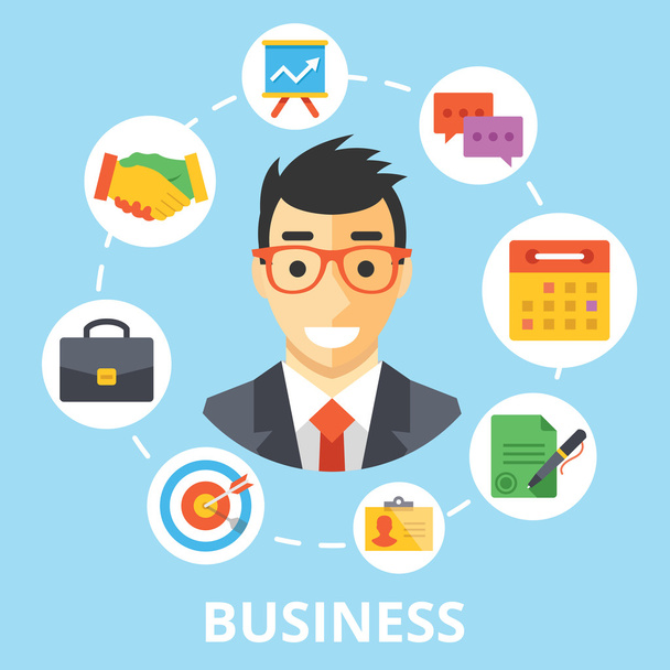 Business concept illustration. Handsome businessman character with trendy flat design icons set - Vettoriali, immagini