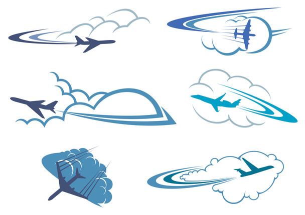 Aviones volando en el cielo nublado
 - Vector, Imagen