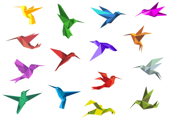 Flying origami hummingbirds or colibri birds - Vector, Image