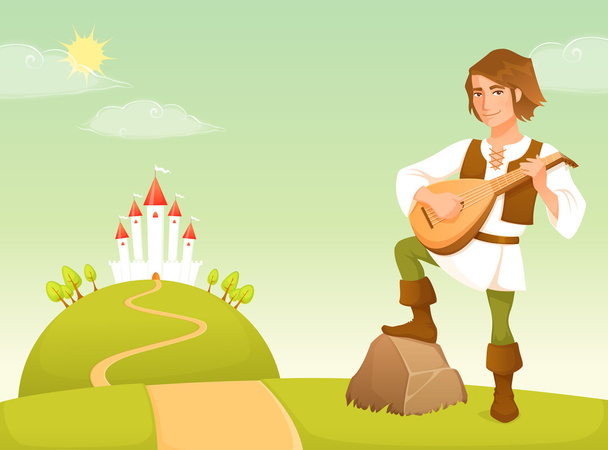 cute illustration of a handsome bard in a fairy tale kingdom - Vector, Imagen