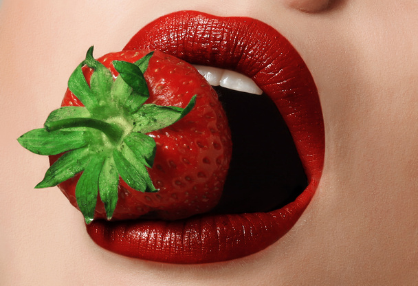 lips with strawberry - Photo, Image